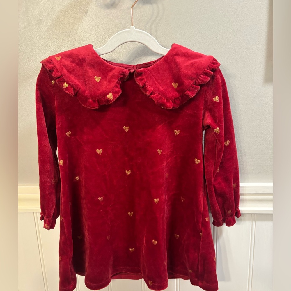 H&M Holiday Red Velour Collared Dress with Gold Heart Accents. Size 3t